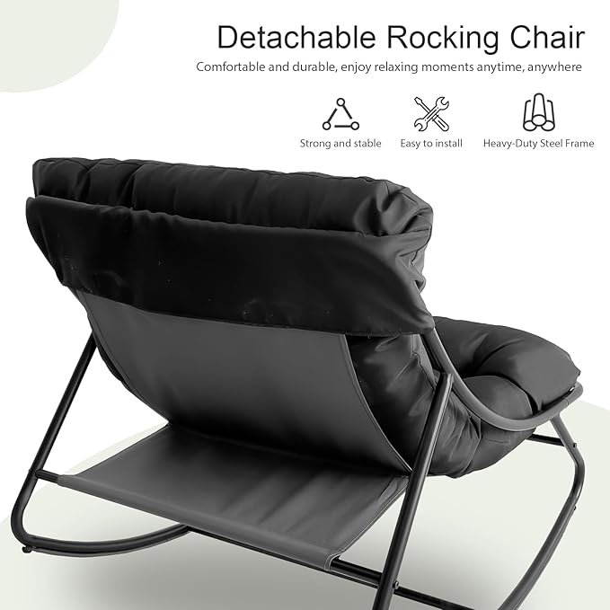 Patio Rocking Chair with Ottoman Outdoor & Indoor, Rocking Chairs Padded with Foot Rest, 330lbs Capacity, Metal Outdoor Rocker for Garden, Deck, Living Room, Bedroom, Balcony (Gray)