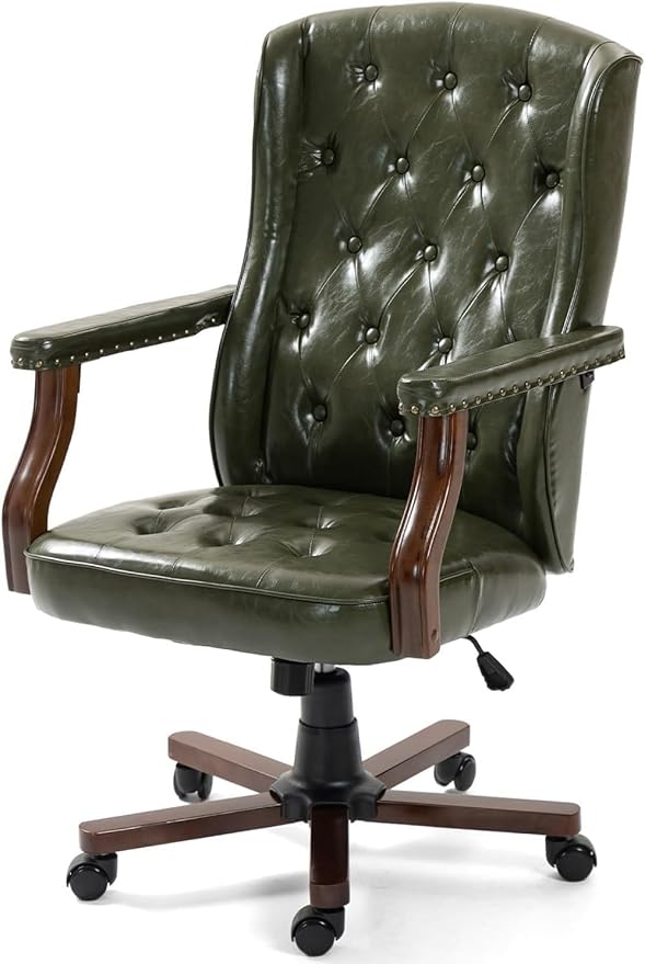 Executive Office Chair, Ergonomic Faux Leather Desk Chair with Wingback Design, Swivel Adjustable Home Office Chair for Computer Desk, Comfortable Task Chair for Home Office, Dark Green
