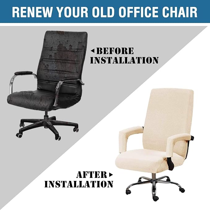 H.VERSAILTEX Office Chair Cover with Armrest Stretchable Computer Desk Chair Cover Thick Checked Jacquard High Back Office Seat Cover for Universal Rotating Chairs (Large Size,Natural)