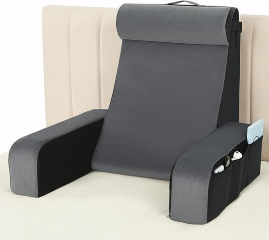 Vekkia 25" Extra-Large Reading Pillow for Tall Adults – 60° Ergonomic Wedge Back Pillow with Built-in Armrests, Adjustable Headrest & Large Pockets – Ideal for Sitting in Bed, Reading, TV, and Gaming