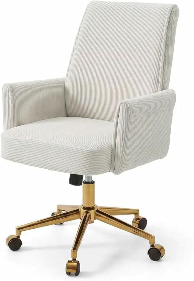 Striped Velvet Office Chair, 360° Swivel Ergonomic Task Chair with High Back, Gold Base and Wheels, Height Adjustable Modern Accent Chair for Home Office, Living Room, Study, Vanity Room (White)