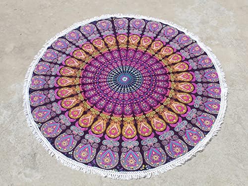 Round Beach Tapestry Turquoise Mandala Throw/Boho Hippie Beach Blanket Roundie/Indian Cotton Bohemian Large Round Table Cloth-Home Decor/Yoga Mat Meditation Picnic Rug (42", Pink And Yellow)