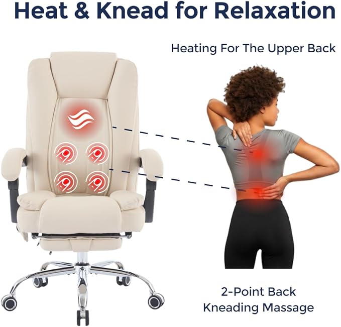 Orbis 4-Point Kneading Heated Massage Office Chair with Foot Rest | 500lbs Big & Tall Ergonomic Executive Desk Chair for Heavy People | Reclining Home Office Computer Chair | Leather Beige