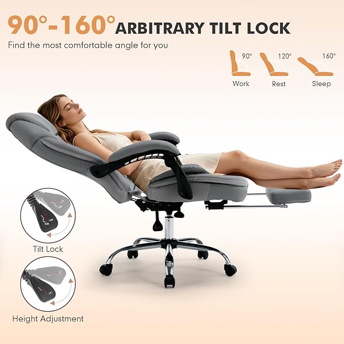 Ergonomic Fully Reclining Office Chairs with Back Support Footrest, PU Leather Wide Seat Comfortable Recliner Office Desk Chair with Leg Rest, Grey