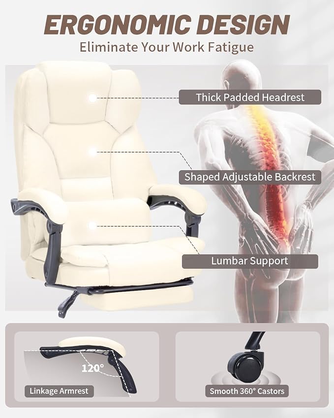 600lbs Office Chair with Footrest, Executive Chair with Padded Armrests, Reclining Desk Chair with Lumbar Support, High Back Leather Chair for Heavy People