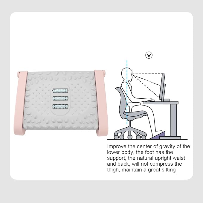 Ergonomic Foot Rest Under Desk, 6 Height Adjustable Footstool with Massage Roller – Office Chair Footrest for Home, Pink