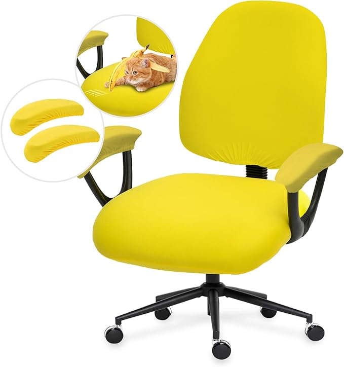 Stretchable Split Office Chair Seat Covers - Universal Stretch Computer Chair Slipcover - Washable Rotating Backrest Coverings & Cushion Protectors & Armrest Covers for Dogs, Cats, Pets, Yellow
