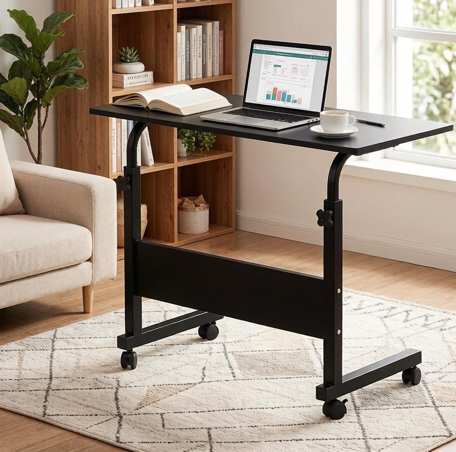 Standing Desk - Side Table Adjustable Height, Portable Laptop Cart, C-Shaped Bed Couch end Tables with Edge Stopper - Wheels for Living Room Bedroom Walking Pad Treadmill 23.6Inch Black