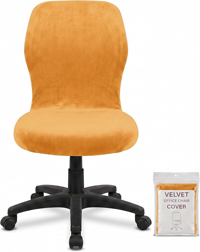 Deisy Dee Velvet Stretch Armless Office Chair Covers - Colorful Stretch Slipcover for Desk Chairs (Golden Yellow)