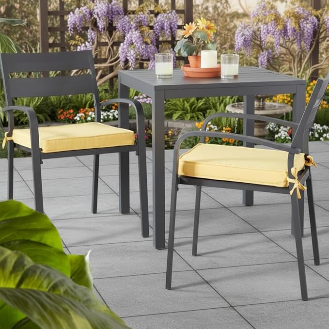 Outdoor 18 inch Square Patio Dining Chair Pads – Comfortable Fiber-Filled Seat Cushions with Ties, Reversible Polyester Fabric - Sunbeam, Set of 2