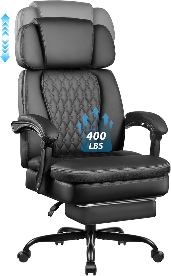 LEMBERI 400lbs Executive Office Chair with Foot Rest, Ergonomic Heavy Duty Big and Tall Desk Chair with Adjustable Headrest, High Back PU Leather Comfy Reclining Computer Chair