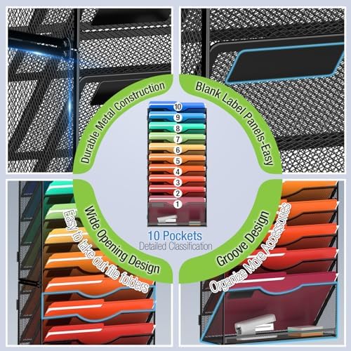 MINDEPOT 11 Tier Wall File Holder Hanging Wall Mount Paper File Organizer for Mails Folders Document Magazine Organization, for Office School Home, Black