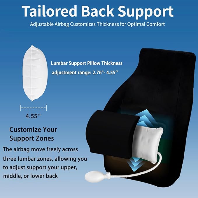 Adjustable Airbag Lumbar Support Pillow for Office Chair - Memory Foam Adjustable Firmness Back Cushion Relieves Upper/Lower Back Pain for Sitting Long Hours, Home Office Desk Chair Car/Truck Seat