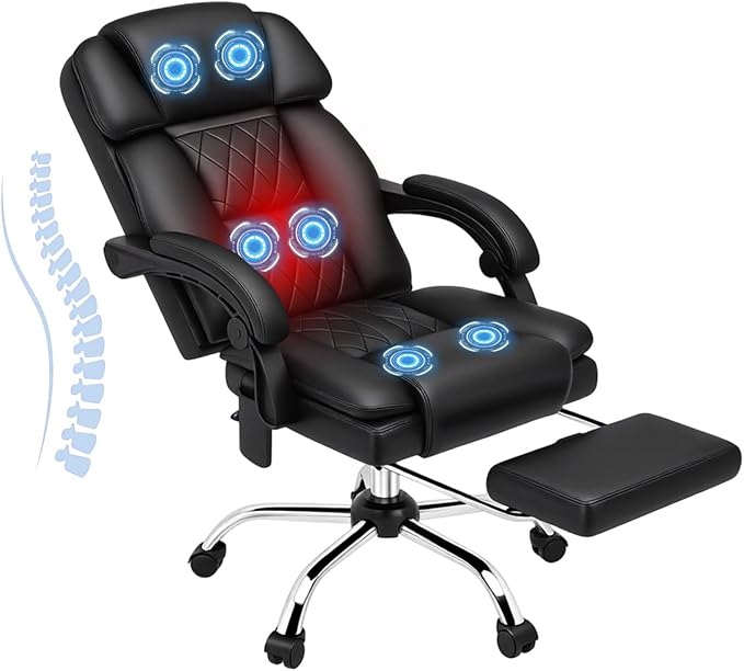 HOMREST 6-Point Massage Office Chair with Heat, Ergonomic Reclining Desk Chair with Footrest, PU Leather Executive Chairs for Home Office, Massaging Computer Chair Gift for Men, Black