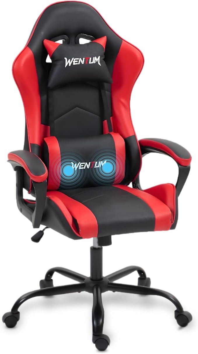 Gaming Chair PU Leather Massage PC Video Game Chair with Lumbar Support for Men Women, Home Office, Height Adjustable, Ergonomic, High Back, Red