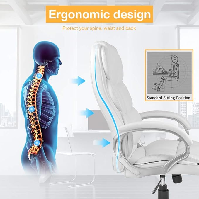 BestOffice Ergonomic White Faux Leather Executive Chair with Lumbar Support, Massage Vibration, Swivel, and Armrests for Home or Office Use