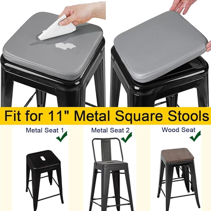 SINOSSO Modern Faux Leather Bar Stool Cushions 4 Pack, Leathaire Magnetic Small Chair Pads for Cafe Bistro Stackable Metal Stools (Square, Dark Gray, 4)