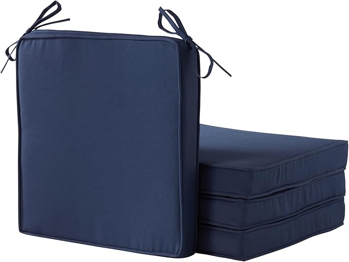 Outdoor 18 inch Square Patio Dining Chair Pads – Comfortable Fiber-Filled Seat Cushions with Ties, Reversible Polyester Fabric - Navy, Set of 4