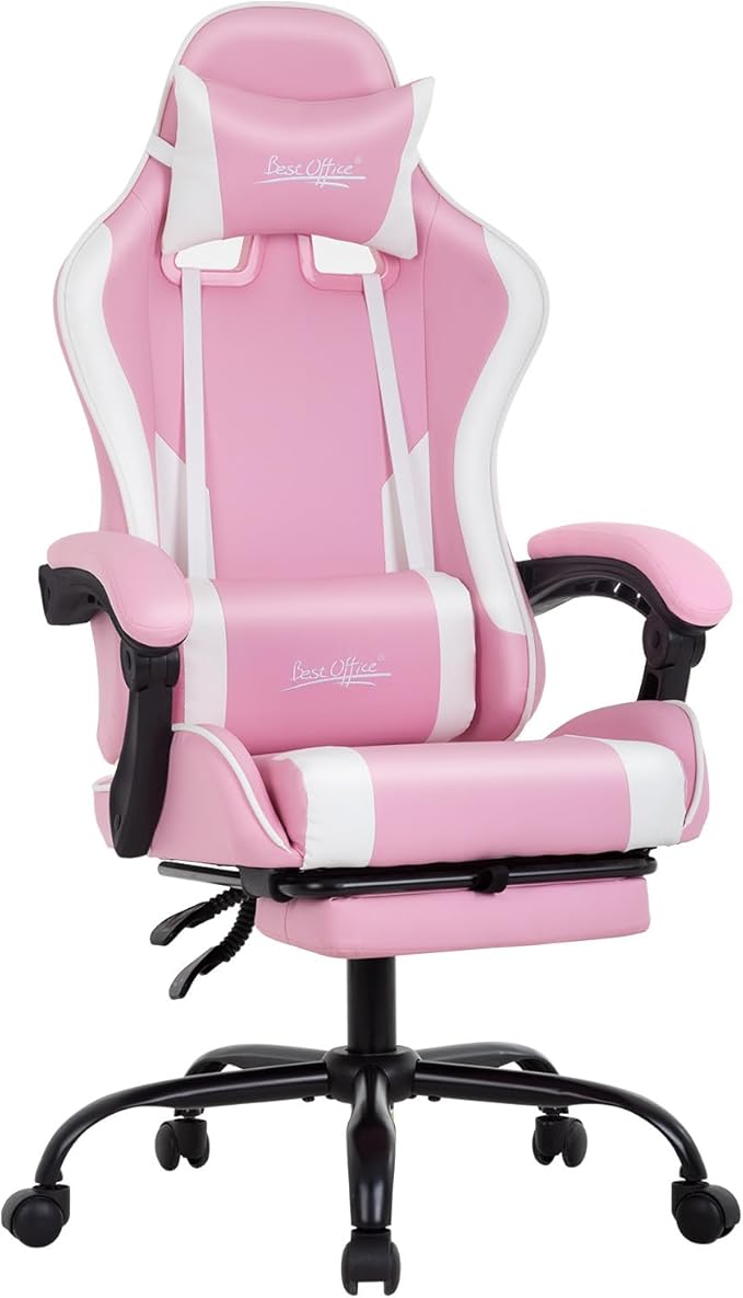 Gaming Chair Office Chair Desk Chair with Footrest Lumbar Support Headrest Armrest Task Rolling Swivel Ergonomic E-Sports Adjustable PC Gamer Chair(Pink)