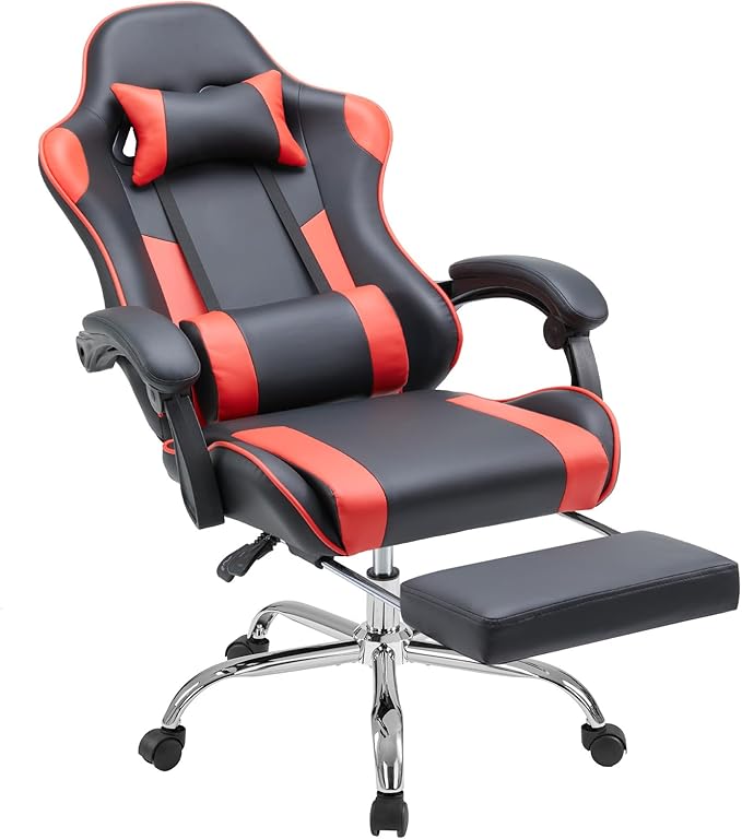 DUMOS Gaming Office Desk Chair with Footrest and Headrest for Adults, PU Leather Ergonomic Video Computer Chair with Linkage Armrests, Height Adjustable 360° Swivel Recling Chair, New Red