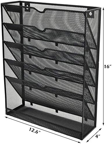 EASEPRES Desk File Organizer Mesh 6-Tier, Hanging Wall Mount Document Organization Stand, Desktop Vertical Mail Paper Folder Holder Rack with Bottom Tray for Office Home Cubicle, Sides Closed, Black