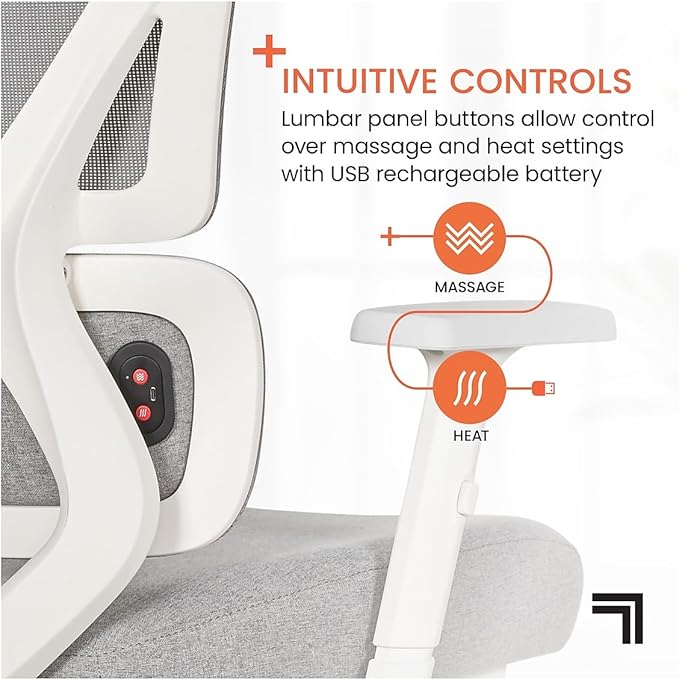 Living Style S-850 Heated Ergonomic Mesh Swivel Executive Massage Chair, Light Gray/White