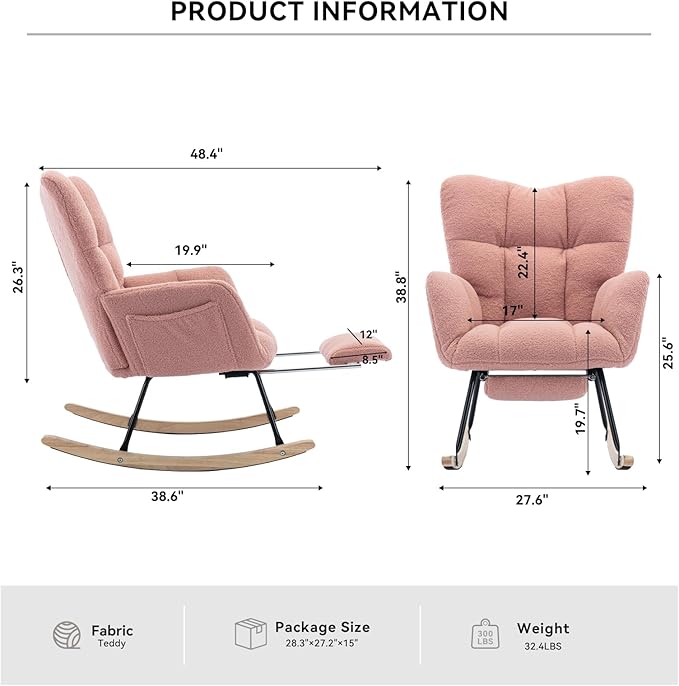 FOXHUNTER Rocking Chair Nursery with Foot Rest, Teddy Glider Rocking Chair for Nursery Upholstered Rocker Recliner Chair, Comfy Armchair with Adjustable Footrest for Living Room Bedroom, Pink Teddy