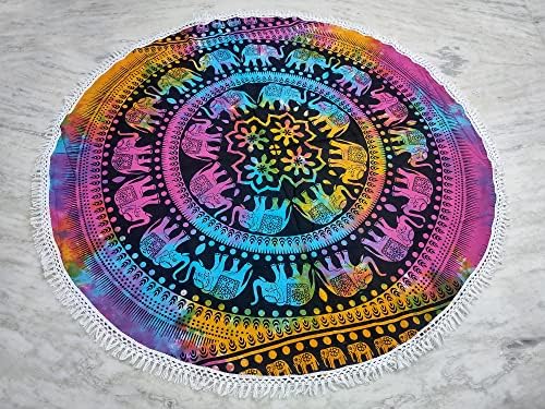 Round Beach Tapestry Turquoise Mandala Throw/Boho Hippie Beach Blanket Roundie/Indian Cotton Bohemian Large Round Table Cloth-Home Decor/Yoga Mat Meditation Picnic Rug (42", Multi Color)