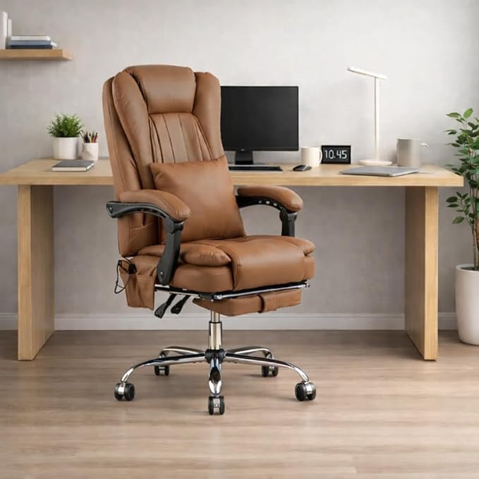Orbis 4-Point Kneading Heated Massage Office Chair with Foot Rest | 500lbs Big & Tall Ergonomic Executive Desk Chair for Heavy People | Reclining Home Office Computer Chair | Leather Caramel