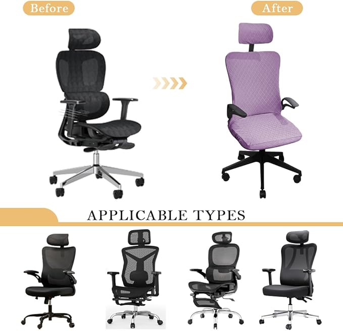 Ergonomic Office Chair Covers Set with Headrest Cover Stretch Desk Computer Chair and Headrest Slipcovers Washable Protector Slipcovers for Swivel Computer Chair 4 Pieces Purple
