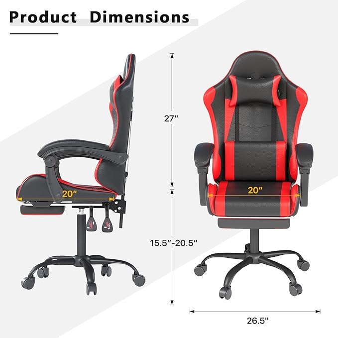 OS MOTOR Gaming Chair with Headrest and Lumbar Support, Ergonomic High Back Office Chair, Racing Style Executive Computer Desk Chair, Leather Adjustable Swivel Task Chair for Home Office (Red Black)