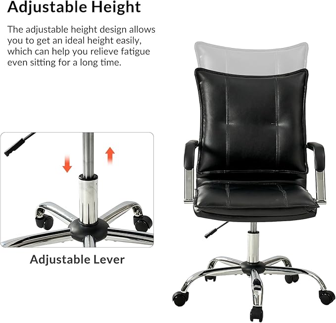 HULALA HOME Faux Leather Home Office Desk Chair, Adjustable Swivel Computer Chair with Sliver Legs and Arms, Comfy Upholstered Task Chair(Black)