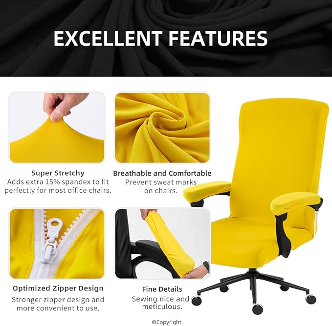 Stretch Computer Office Chair Cover with Armrest Covers Durable Zipper Universal Washable Removable Spandex Rotating Boss Chair Slipcovers Anti-dust Soft Desk Chair Seat Protector, Yellow