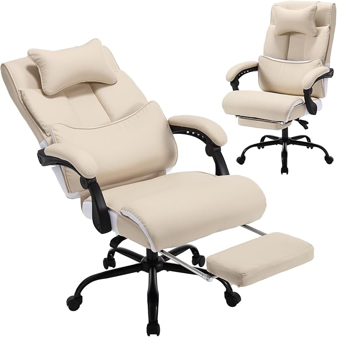 Fully Reclining Office Chair with Foot Rest, Ergonomic Executive Office Desk Chair with Lumbar Support and Headrest, 170° Reclining Recliner High Back Home Leather Computer Chair, Beige