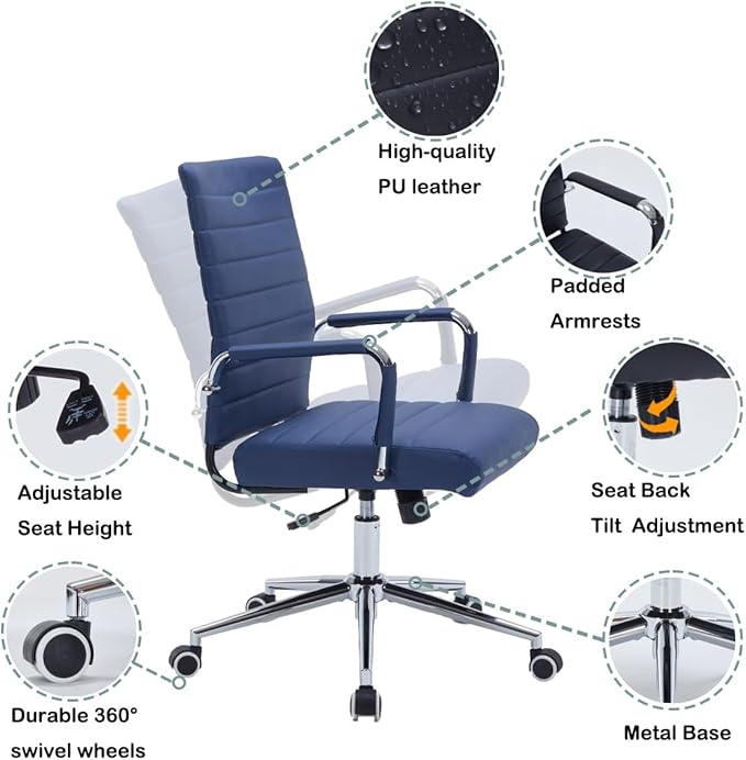 Leather Ribbed Office Desk Chair, Ergonomic Mid-Back Executive Conference Room Chairs with Wheels, Adjustable Swivel Computer Task Chair with Arms and Thick Padded Seat,Navy Blue