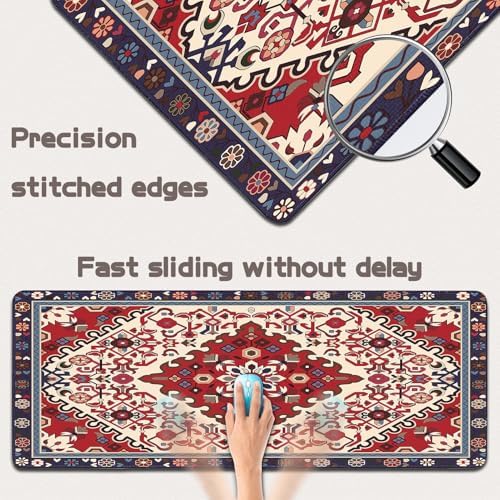 Persian Rug Mouse Pad - Desk Mat for Keyboard and Mouse - Large Mouse Pads for Desk, Gaming Mousepad with Non-Slip Base, Retro Desk Mat (31.5" X 11.8") Rug - Cherry Blue