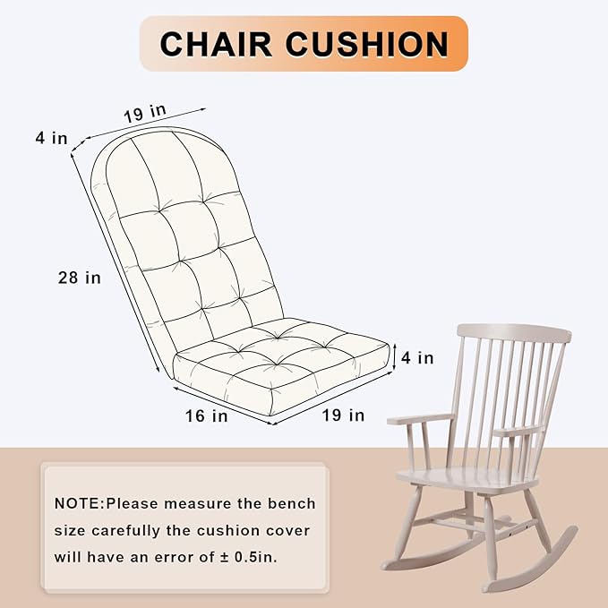 Rocking Chair Cushion - Chenille Fabric, High-Density Sponge, Durable Comfort Double-Sided Tufted Seat Pads with Ties, Chenille︱White, 44x19x4 inch