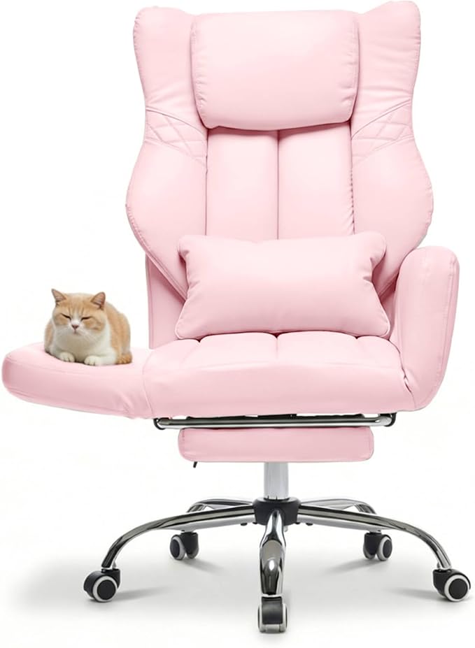 High Back Executive Office Chair with Footrest, Reclining PU Leather, Lumbar Support, Criss Cross Style, 155° Recline, Black (Pink)