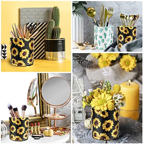 Round Leather Pen Holder for Desk, Sunflower