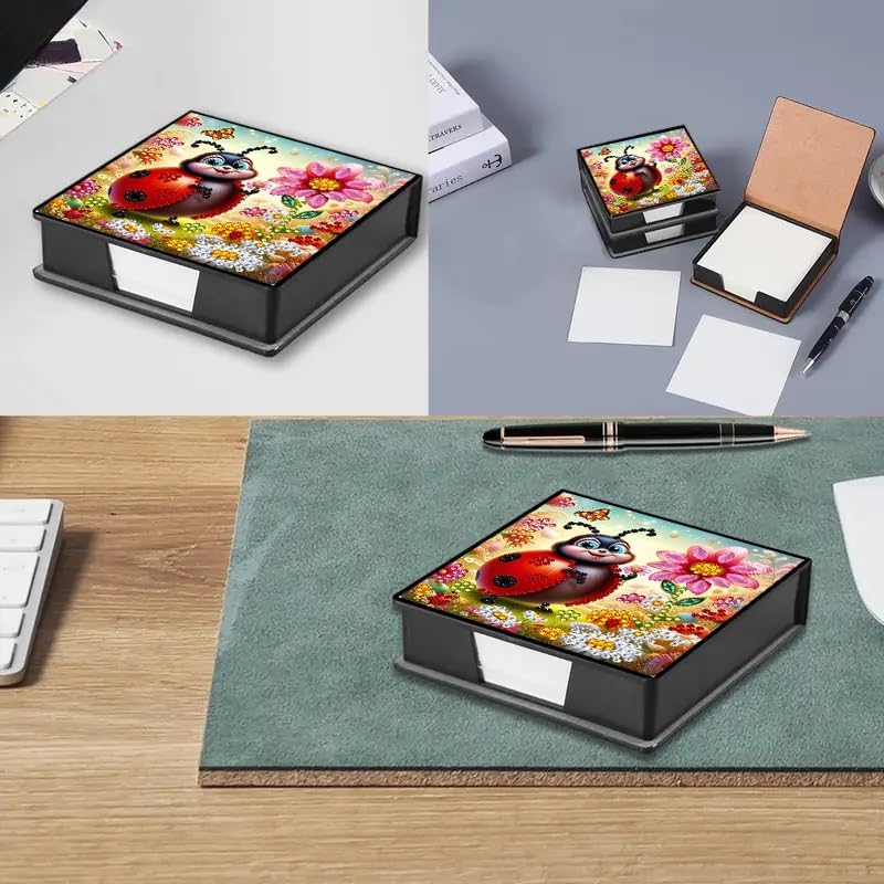 Ladybug Diamond Painting Note Box Memo Pad Holder, Diamond Art Sticky Notes Organizer for Desk, Aesthetic Stationery Storage Case for Office,School Supplies (Ladybug)