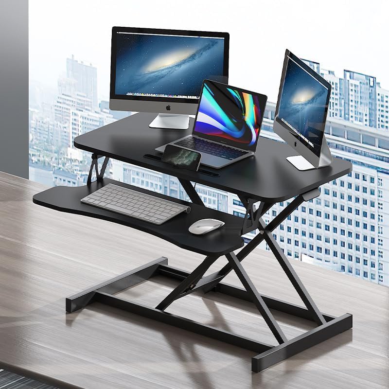 Standing Desk Converter 32 Inch, Height Adjustable Sit-Stand Workstation, Dual Monitor Riser with Wide Keyboard Tray - Office & Home Use, Black (Black)