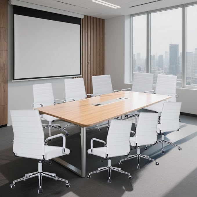 White Leather Ribbed Office Desk Chair, Ergonomic Mid-Back Executive Conference Room Chairs with Wheels, Adjustable Swivel Computer Task Chair with Arms and Thick Padded Seat