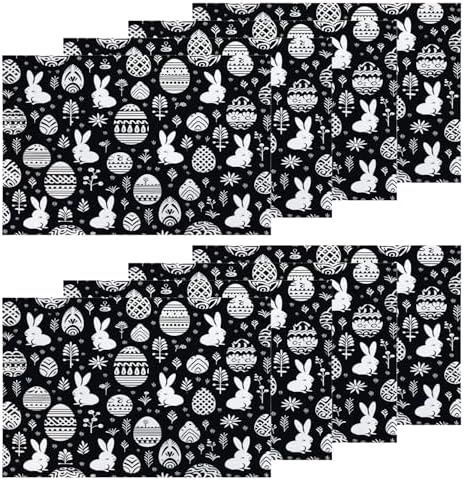 Shrahala Easter Eggs Rabbits Set of 8 12 X 18 Inch Linen Placemats, Black White with Eggs Rabbits Burlap Table Mat Washable Double Layered Heat Insulation for Indoor/Outdoor