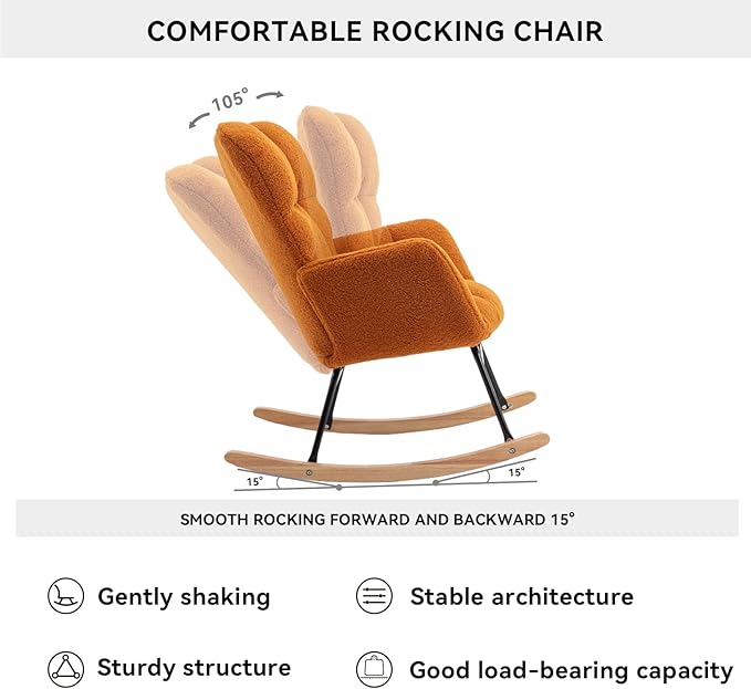 FOXHUNTER Rocking Chair Nursery Teddy Upholstered Glider Rocker High Backrest Nursery Rocker Comfortable Stylish Accent Armchair for Living Rooms Bedrooms Offices (Teddy Caramel)