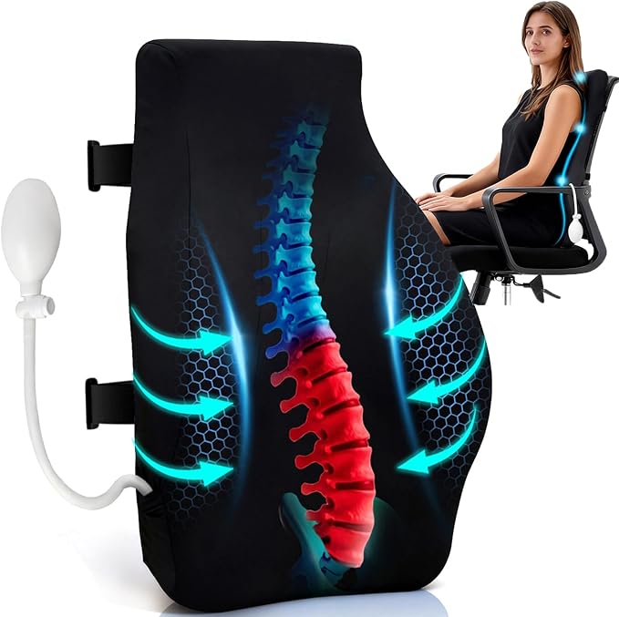 Adjustable Airbag Lumbar Support Pillow for Office Chair - Memory Foam Adjustable Firmness Back Cushion Relieves Upper/Lower Back Pain for Sitting Long Hours, Home Office Desk Chair Car/Truck Seat