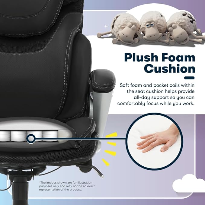 Serta Bryce Executive Office Chair, Ergonomic Computer Desk Chairs with Patented AIR Lumbar Support, Comfy Body Pillows, Height Adjustable, Swivel Base with Wheels, Bonded Leather, Black