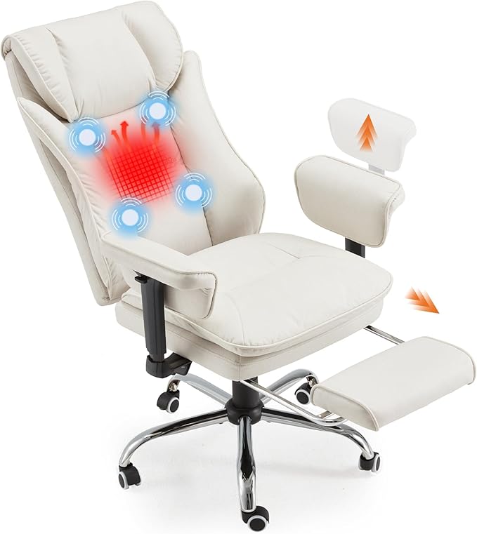 HOMREST 4-Point Massage Office Chair with Heat, 155° Reclining Executive Desk Chair with Adjustable Armrests for Home Office, Ergonomic High Back Computer Chair with Footrest, Beige