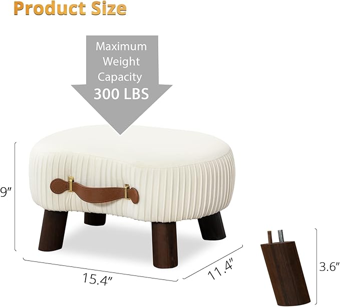 LUE BONA Small Curved Foot Stool with Handle, Beige Velvet Footstool and Ottomans, Modern Foot Rest with Wooden Legs, Step Stool with Padded Seat for Couch, Living Room