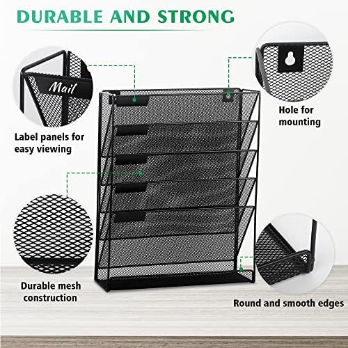 EASEPRES Desk File Organizer Mesh 6-Tier, Hanging Wall Mount Document Organization Stand, Desktop Vertical Mail Paper Folder Holder Rack with Bottom Tray for Office Home Cubicle Countertop, Black