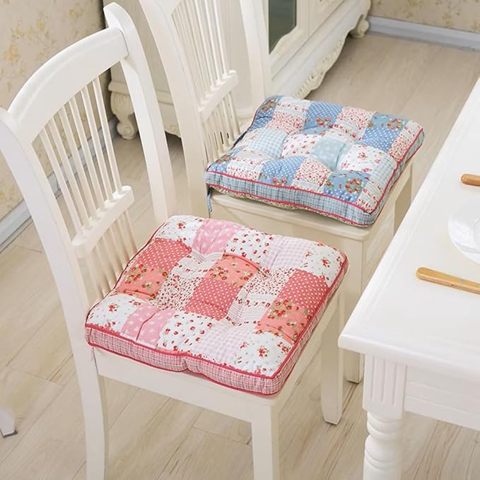 Boho Cotton Quilted Chair Cushion for Dining Chairs Non Slip Soft Comfortable Chair Pads with Ties Patchwork Printed Seat Cushion for Kitchen Chairs Office Chairs (Pattern N,16"x16")